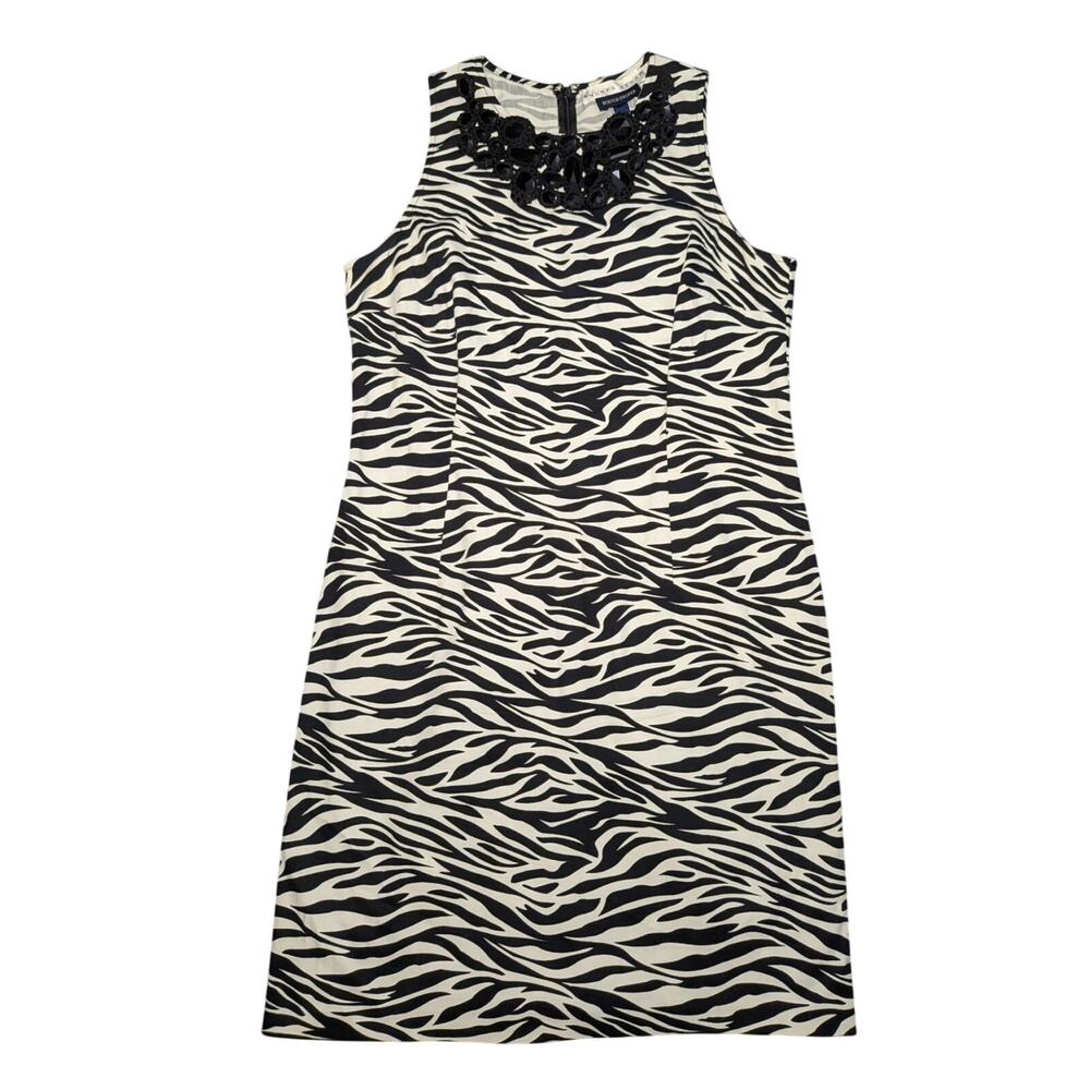 Andrea Behar for Boston Proper Zebra Print Beaded Neckline Sheath Dress Size 14